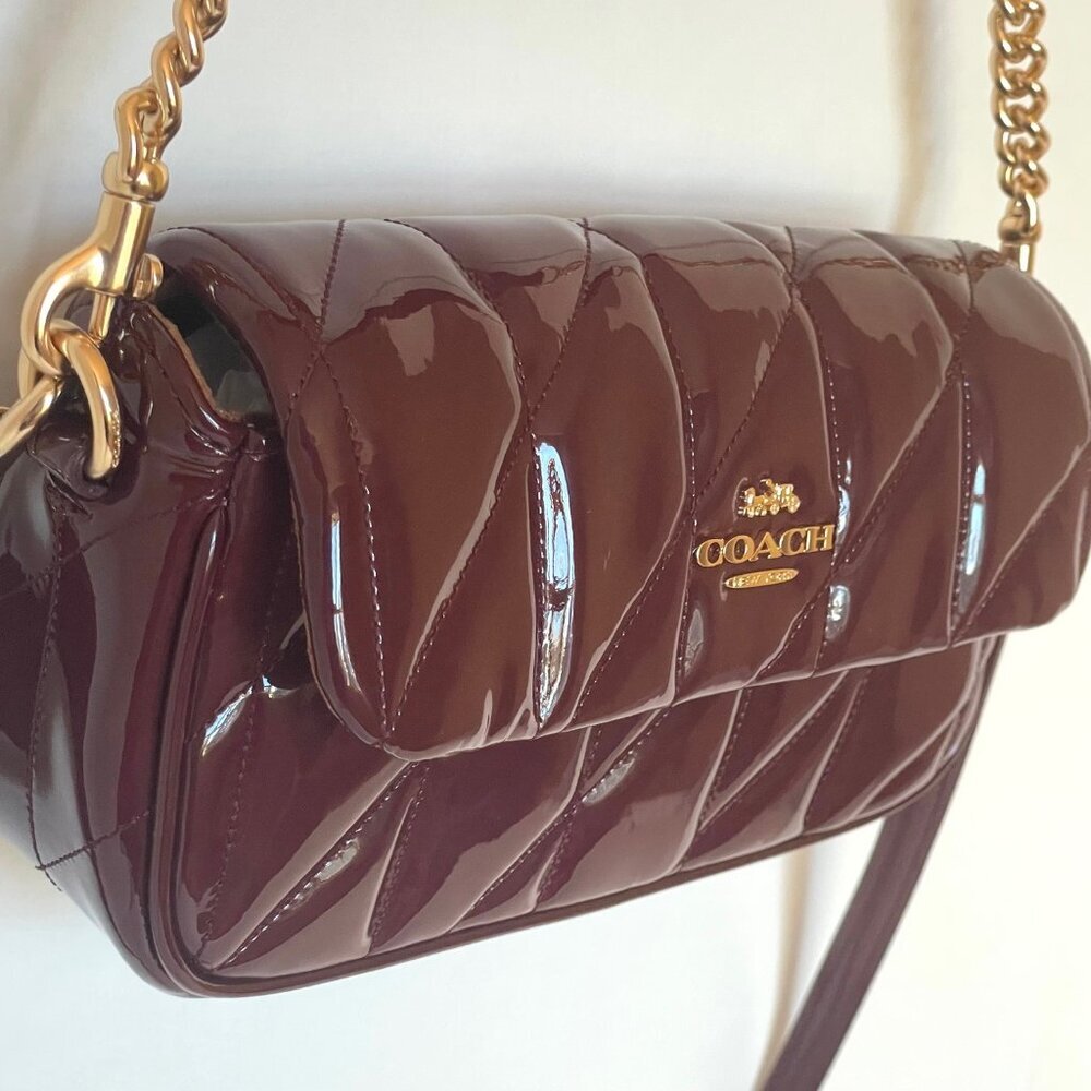 Coach Hailey Quilted Patent Leather Flap Crossbody Red Wine Small Bag - Picture 3 of 15